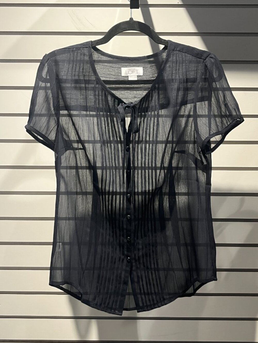 Ann Taylor LOFT Sheer Black Short Sleeve button down blouse - Picture 2 of 5